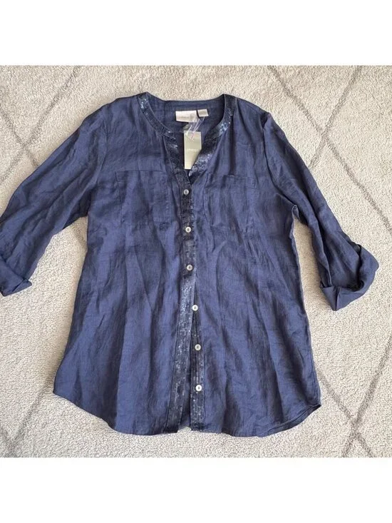 Chico’s NWT Linen Sequin Trim Blouse Blue Button Front Top Lightweight - Picture 1 of 7